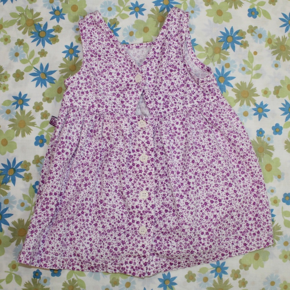 Vintage mckids purple white floral baby dress 18 month button up keyhole cut out